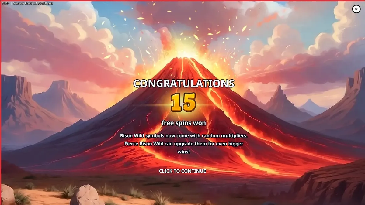 Pemandangan atmosferik ngarai Amerika Utara dengan simbol bison yang bercahaya di slot Darkside Prairie: Magical Beasts.