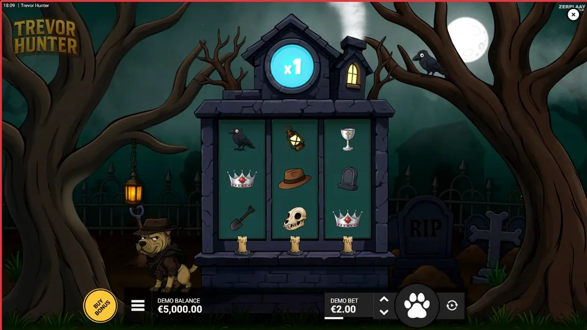 Trevor Hunter slot mobile gameplay interface showing the Shar Pei character and graveyard theme