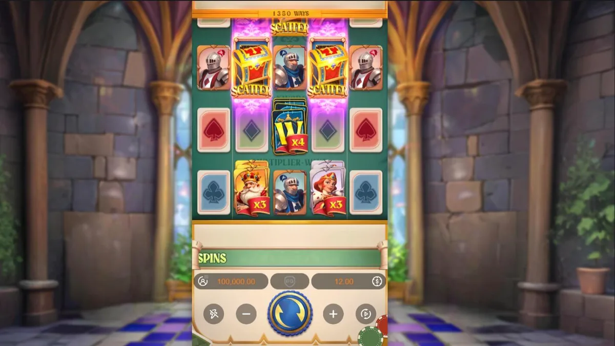 Tampilan visual slot Poker Kingdom Win dengan tema kerajaan dan kartu remi.